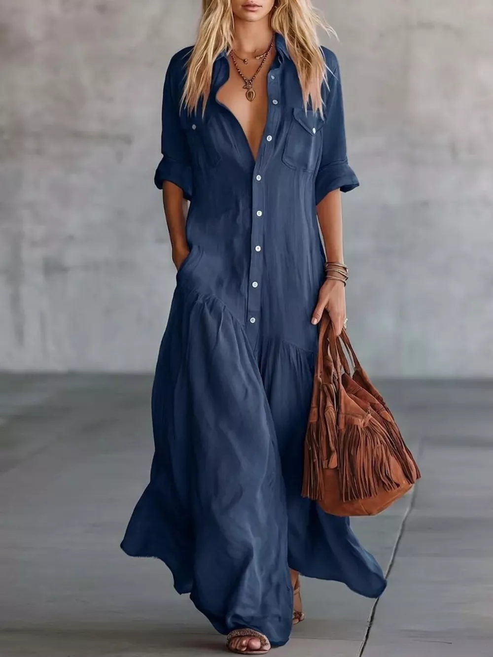 Full Size Button Front Roll-Up Sleeve Maxi Dress Plus Size, image 8