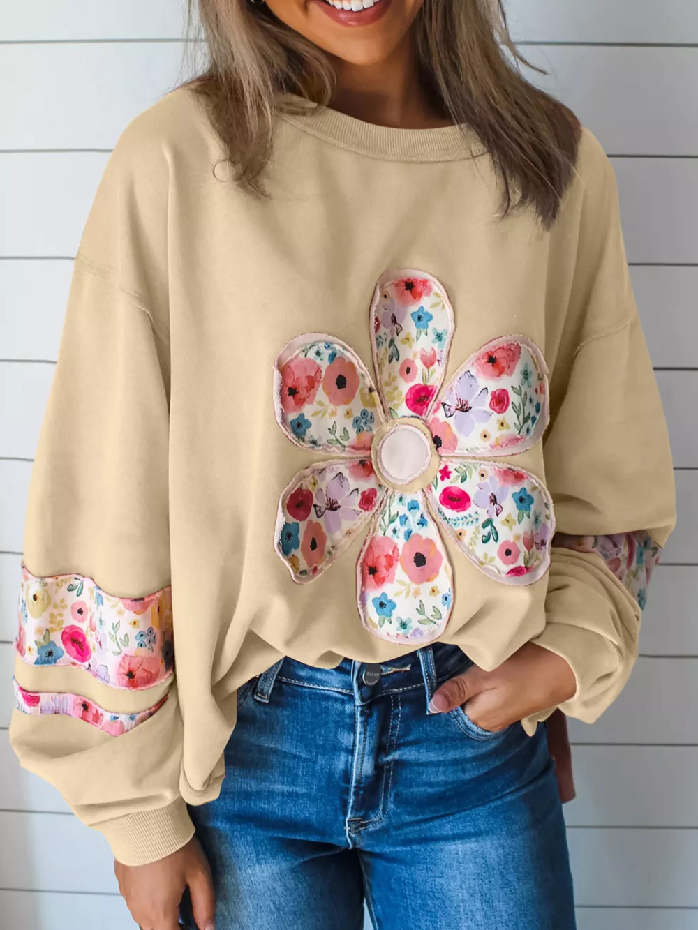 Plus Size Floral Applique Drop Shoulder Sweatshirt, image 10