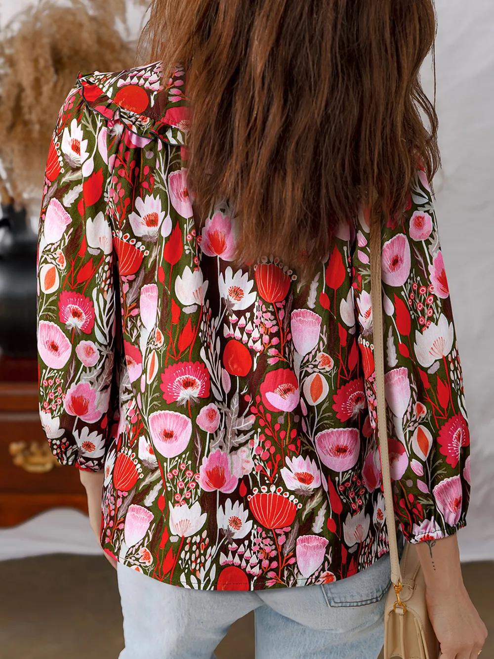 Floral Balloon Sleeve Tie Neck Blouse, image 3