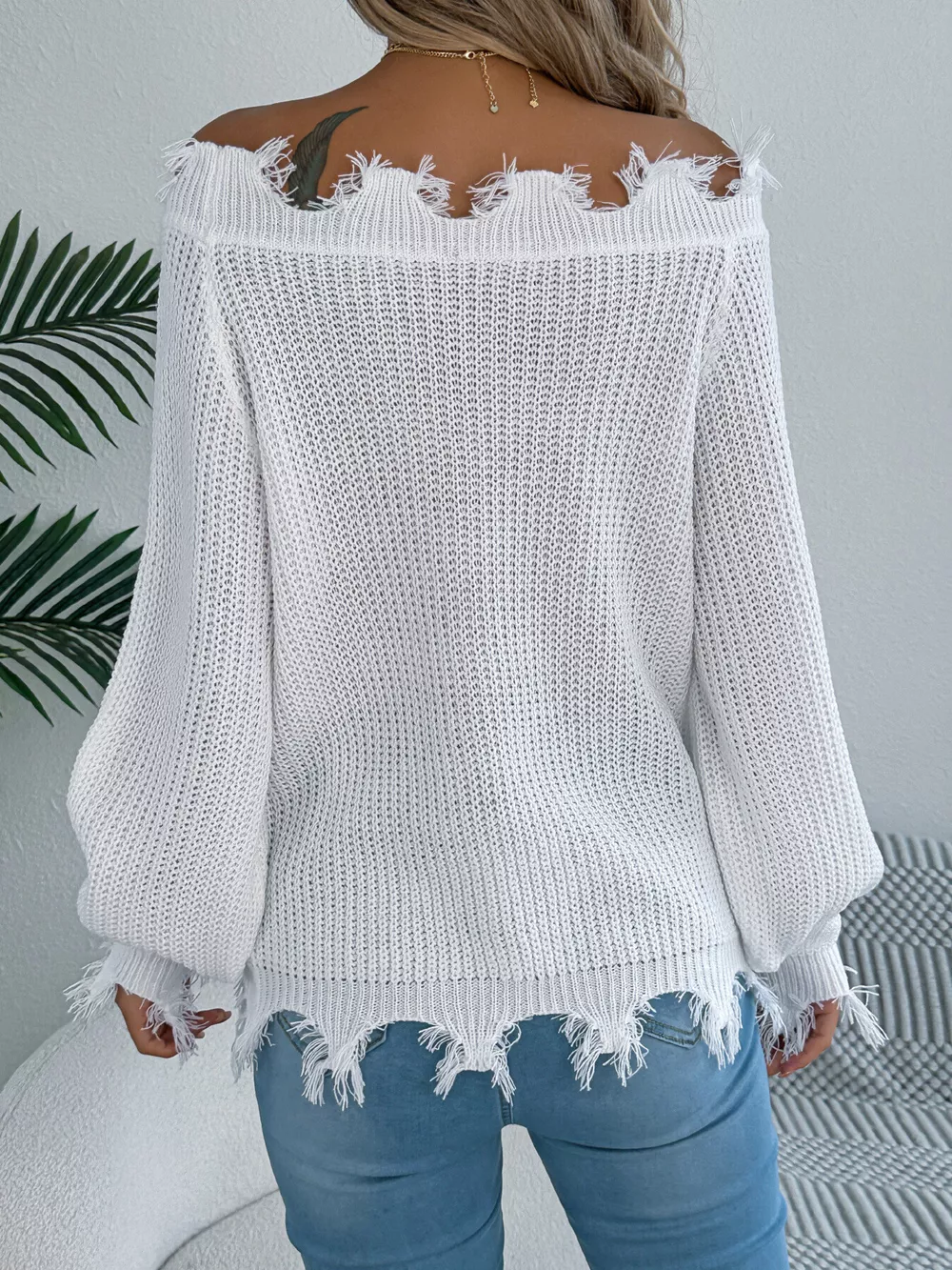 Distressed Hem Openwork Off-Shoulder Sweater, image 7