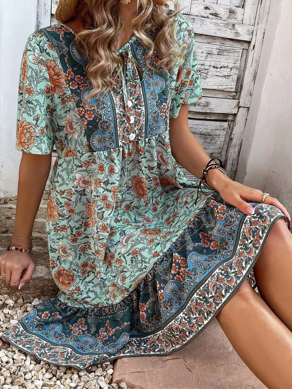 Floral Print Tie-Neck Ruffle Hem Mini Dress, image 3