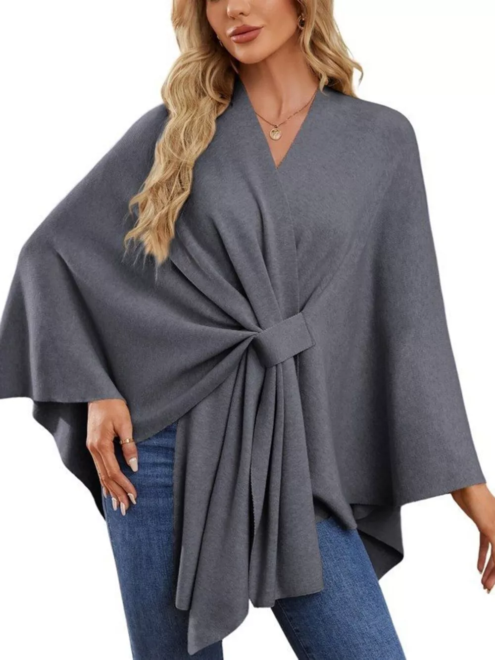 Solid Color Tie-Front Knit Cape Top, image 19