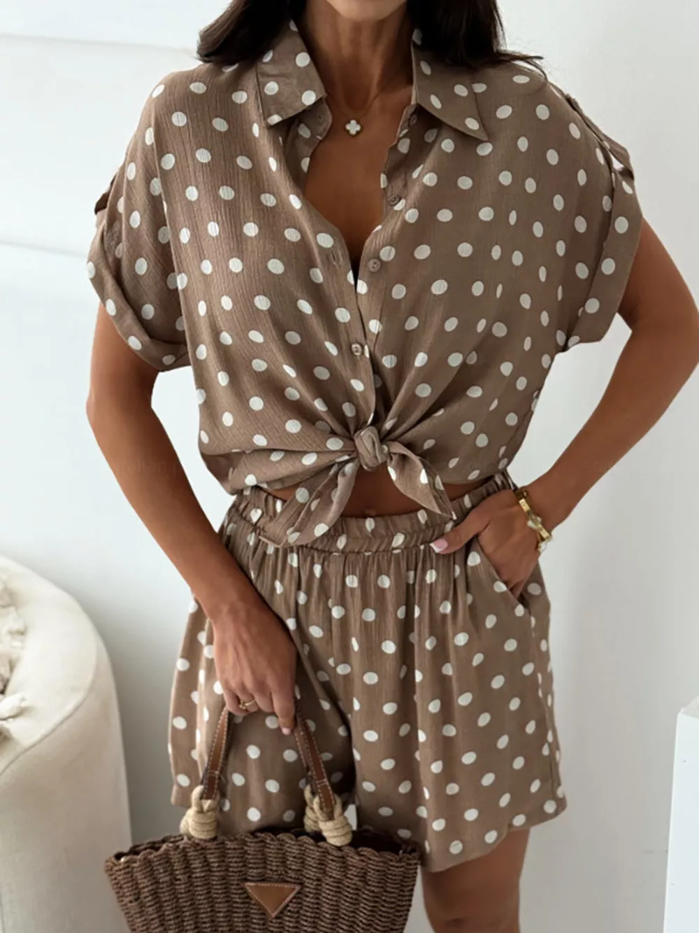 Polka Dot Button Up Shirt and Shorts Set, image 11
