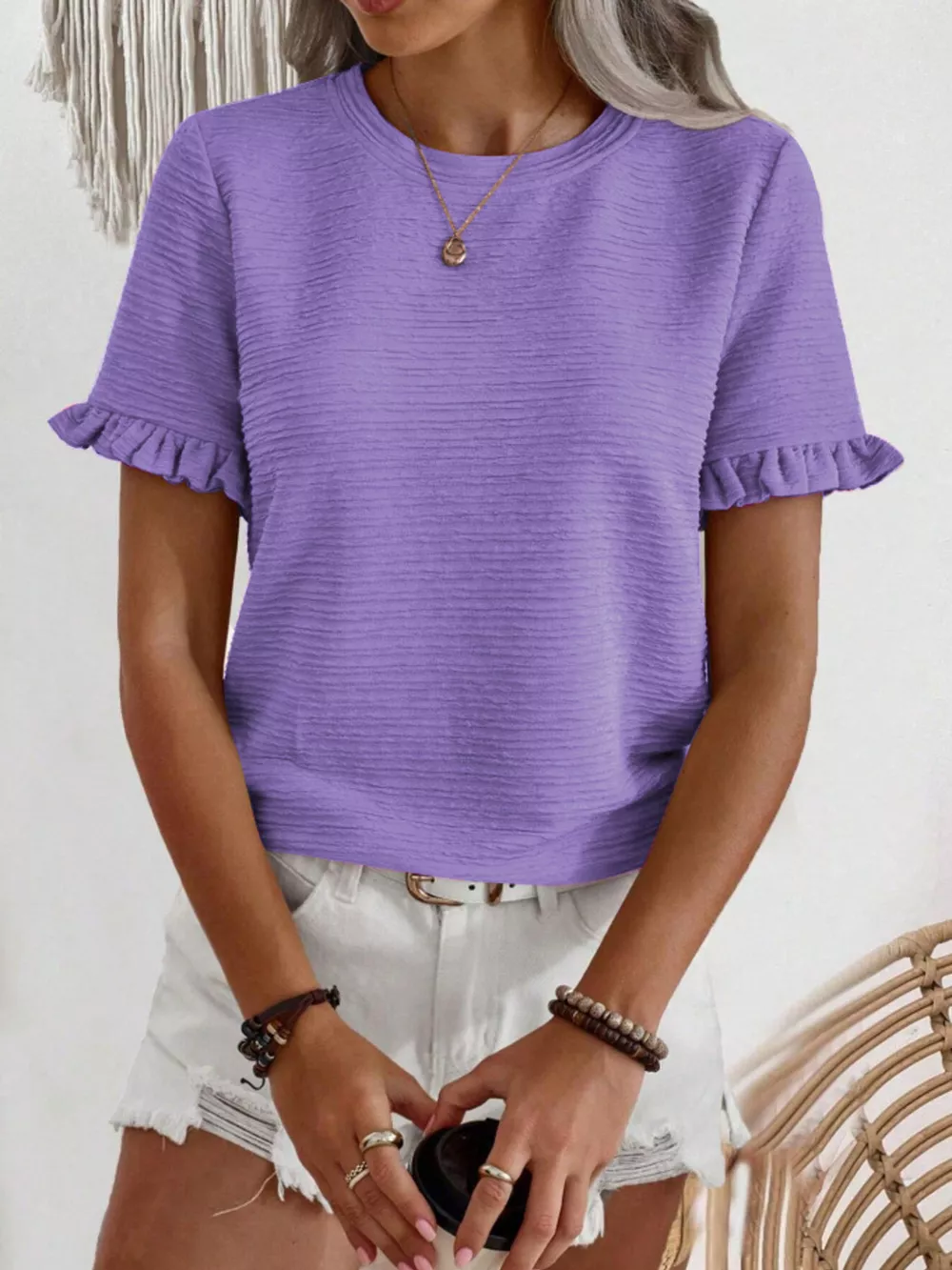 Textured Ruffle Sleeve Round Neck T-Shirt, image 8