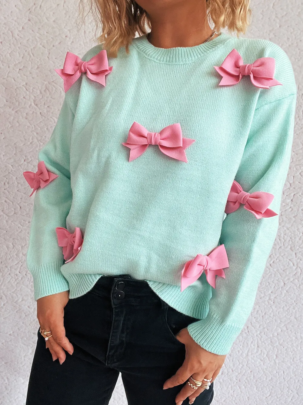Bow Round Neck Long Sleeve Sweater, image 13