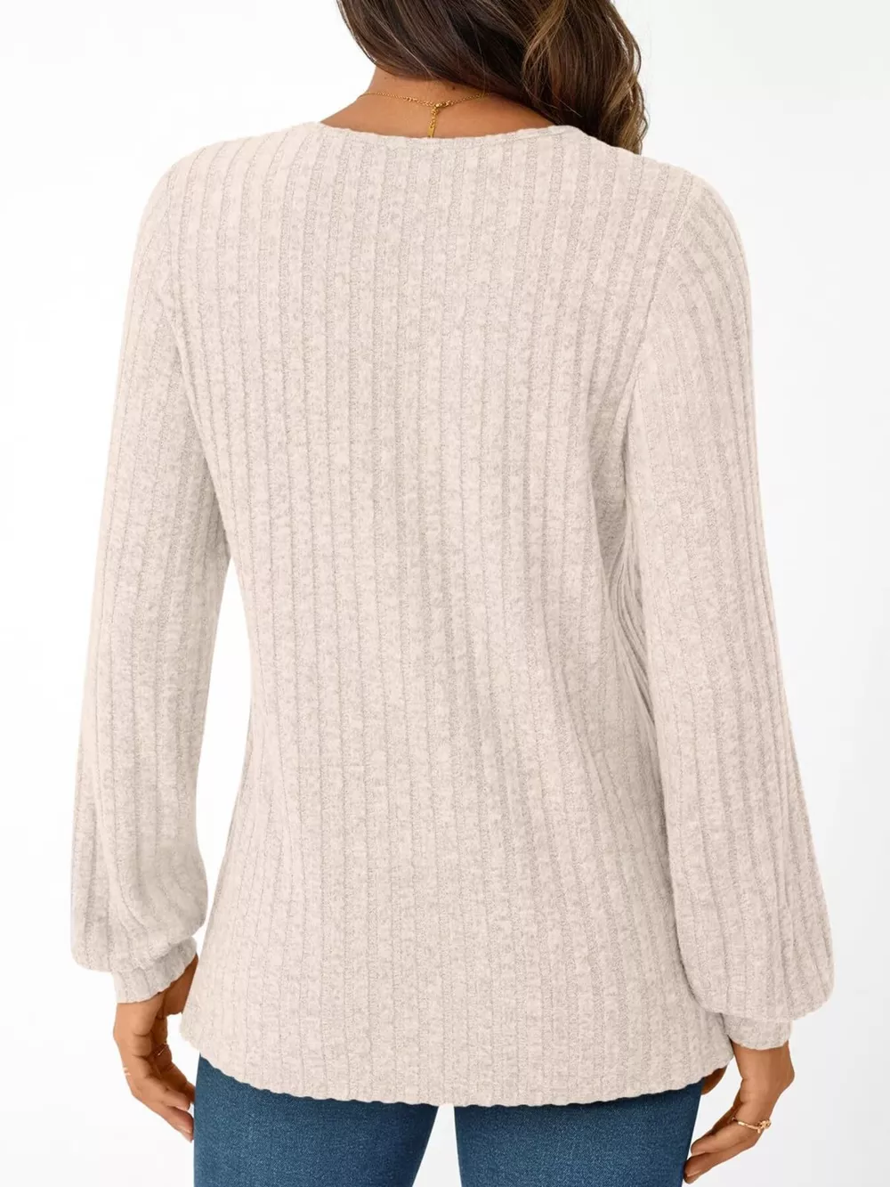 Ribbed Knit V-Neck Long Sleeve T-Shirt, image 10