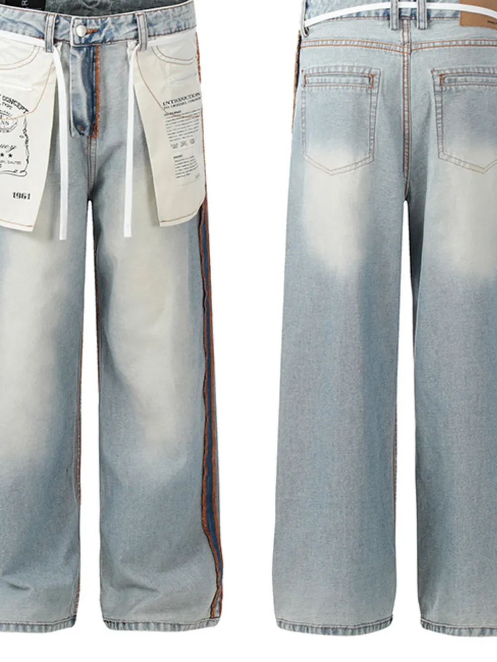 Men's Wide-Leg Jeans with Contrast Side Stripes and Decorative Patches, image 4