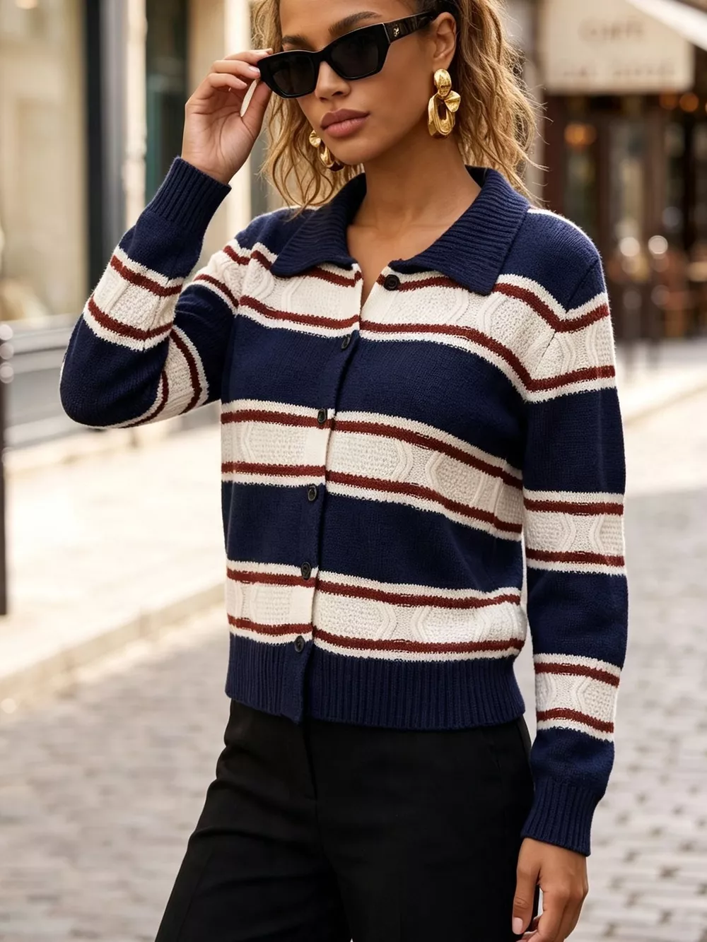 Vintage-Inspired Striped Knit Cardigan with Polo Collar, image 3