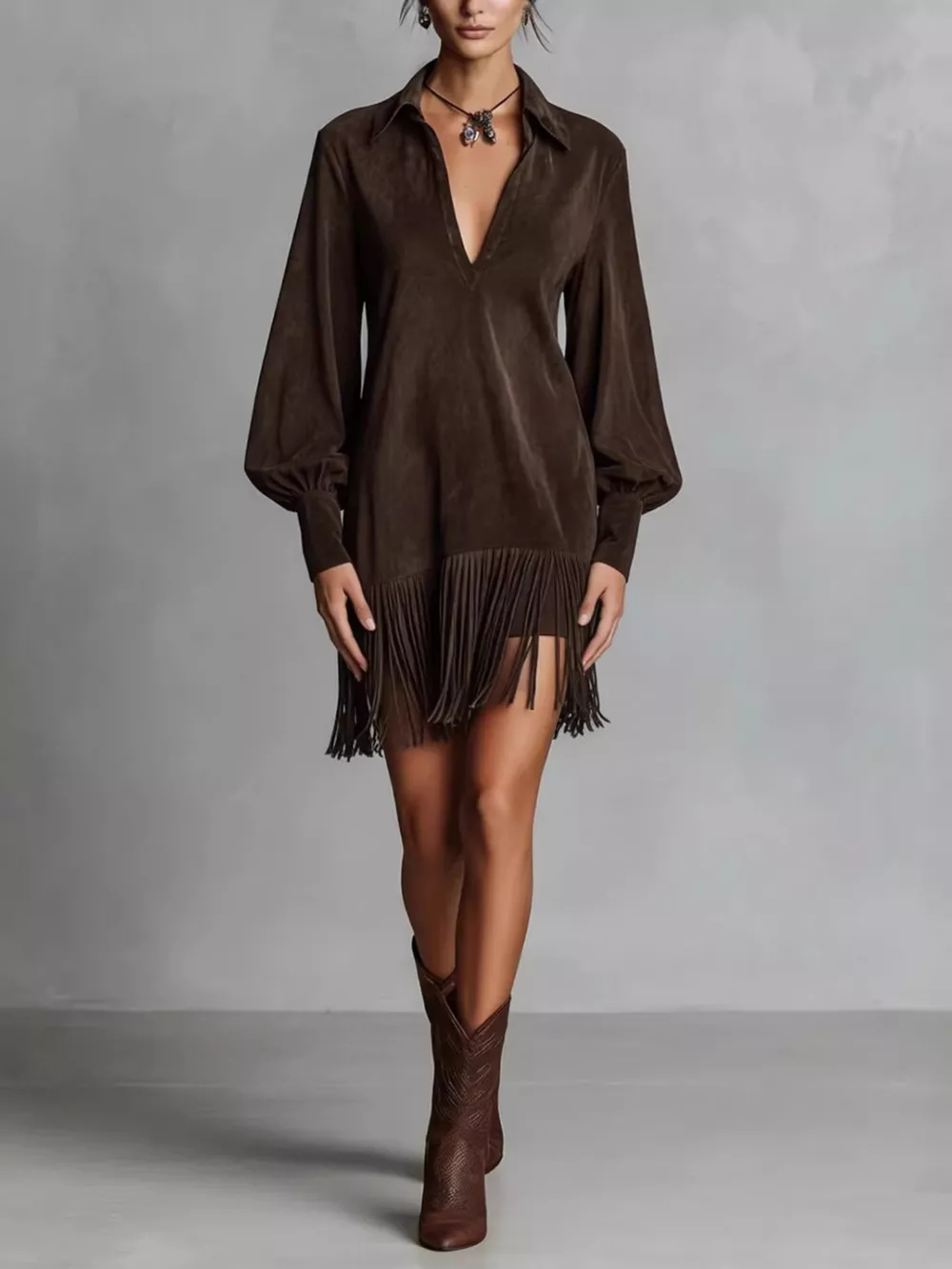 Fringed Lantern Sleeve Dress, image 2