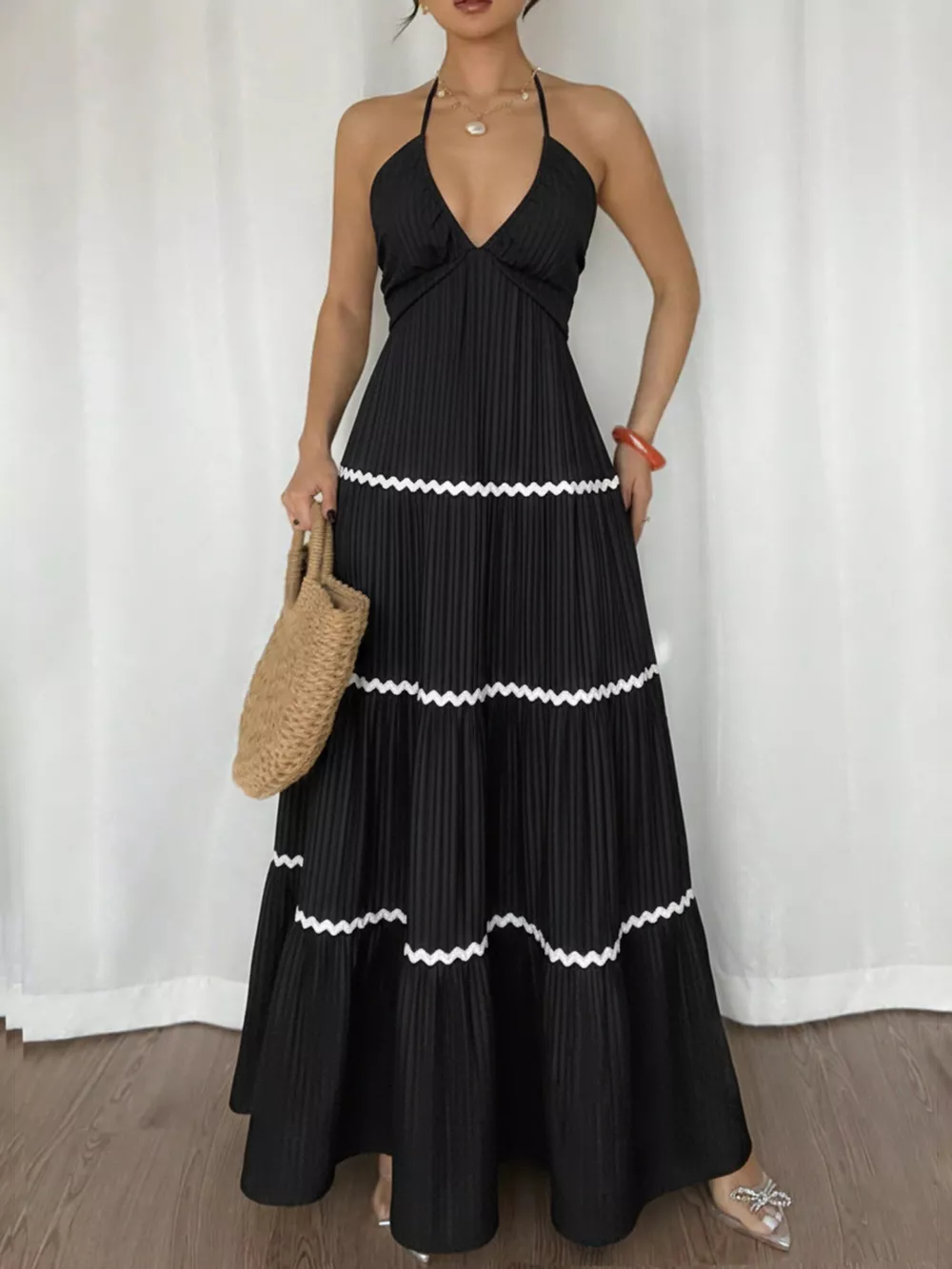 Halter Neck Pleated Maxi Dress, image 3
