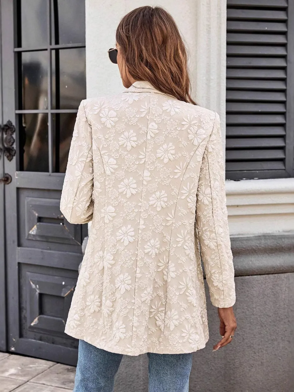 Floral Jacquard One Button Long Sleeve Blazer, image 2
