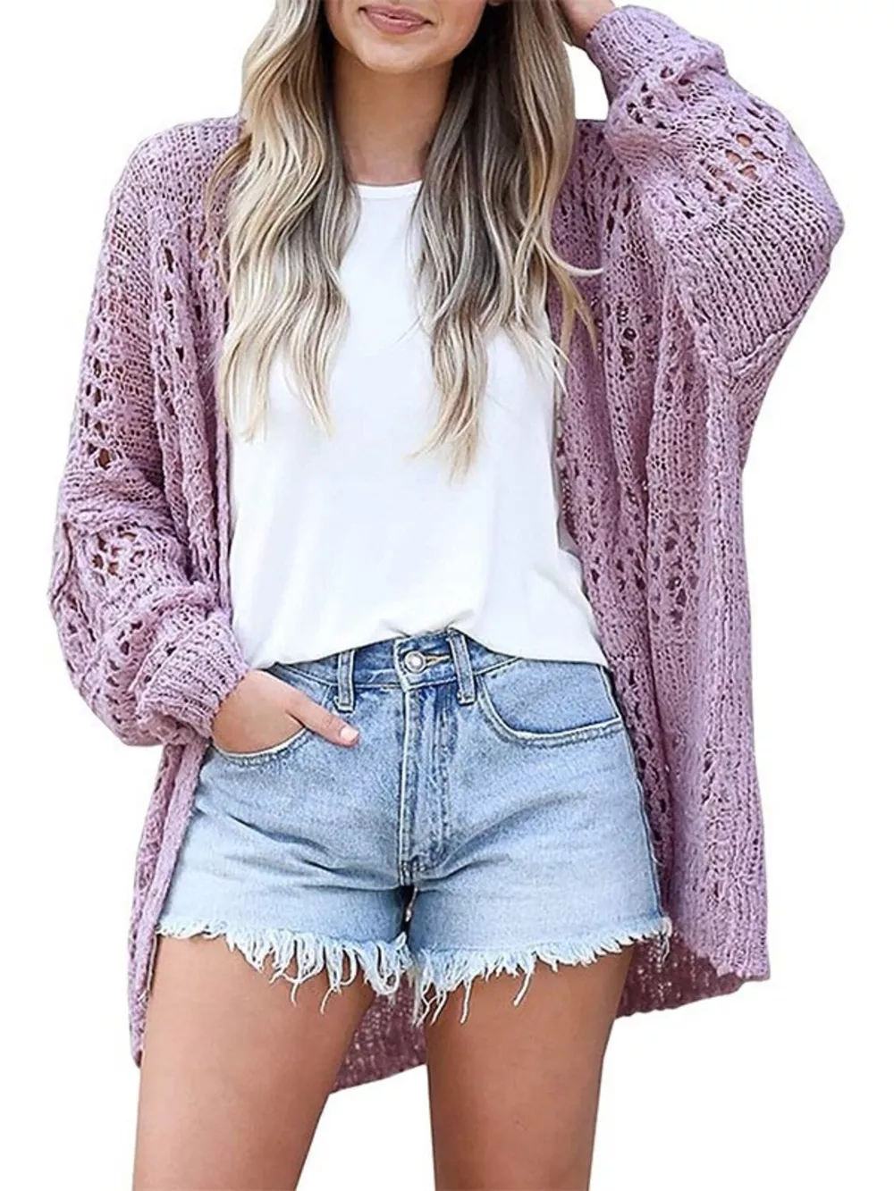 Openwork Open Front Lightweight Cardigan, image 5
