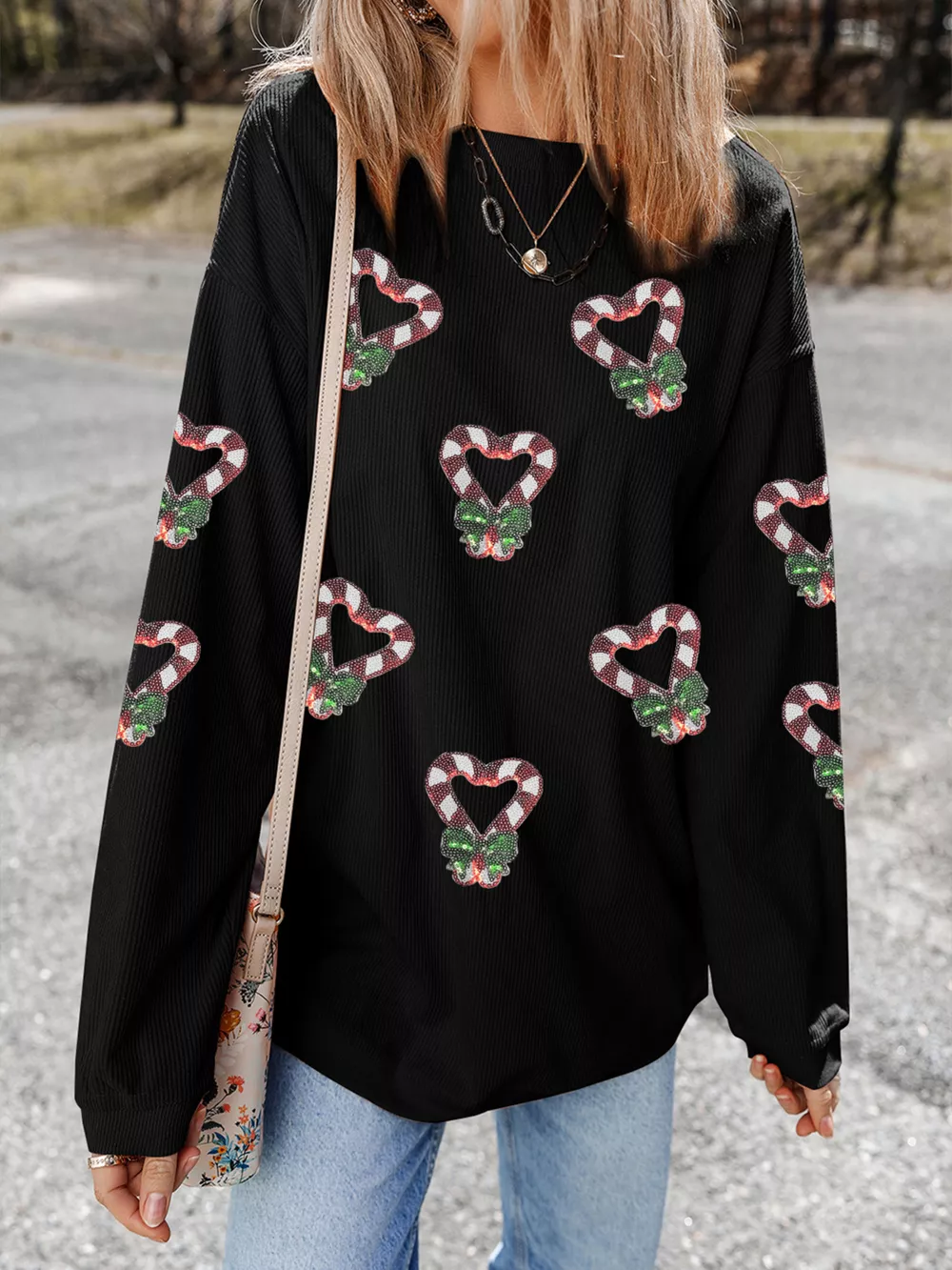 Sequin Christmas Candy Cane Heart Graphic Drop Shoulder Ribbed Sweatshirt, image 3