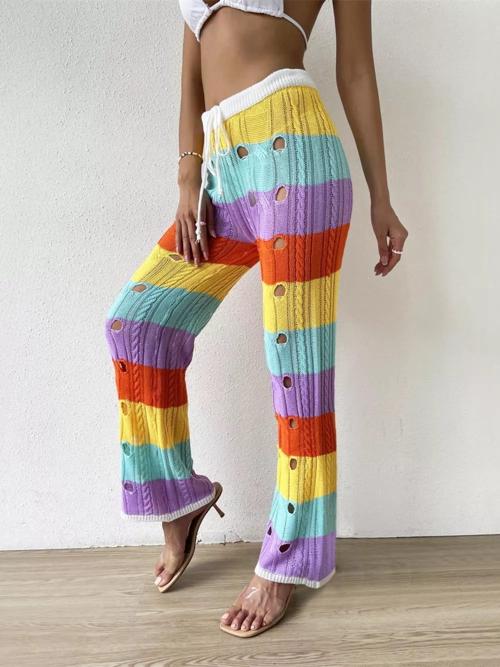 Striped Crochet Hollow-Out Knit Pants, image 2