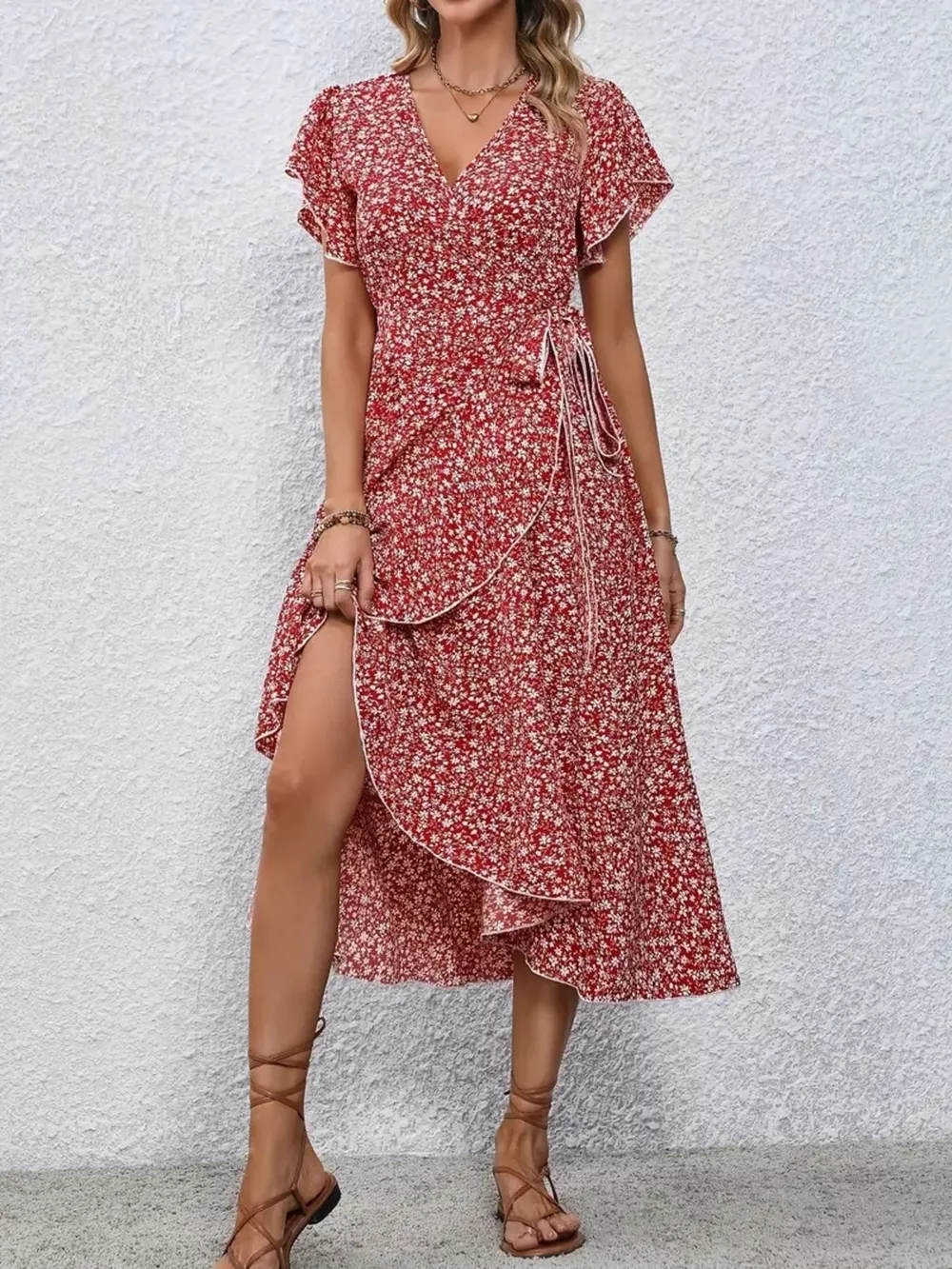 Floral Print Ruffle Hem Wrap Midi Dress, image 8