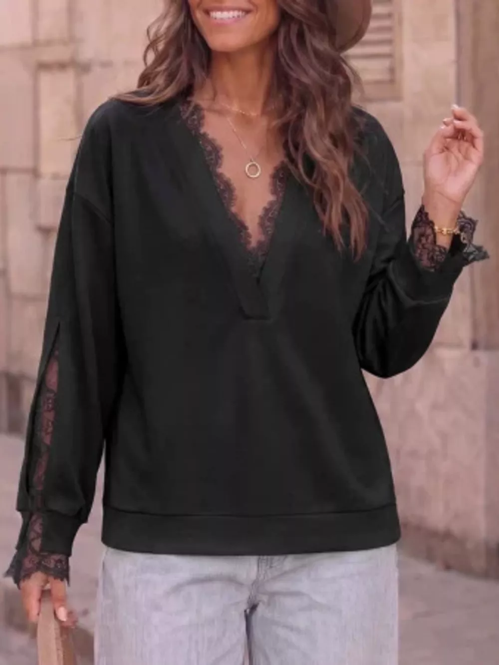 Lace Trim Split Sleeve Sweatshirt, image 4