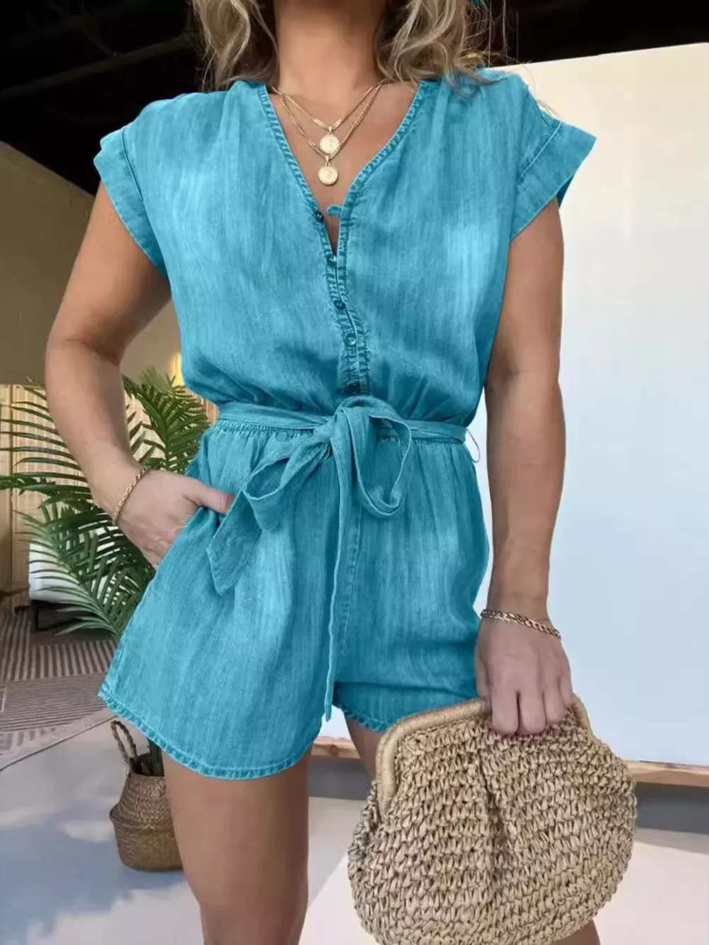 Full Size Tie Waist Cap Sleeve Romper Plus Size, image 2