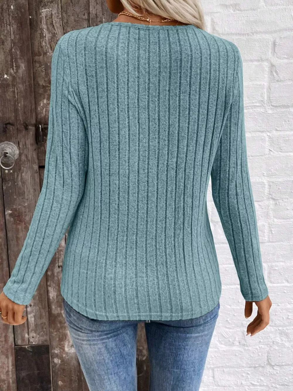 Ribbed V-Neck Long Sleeve T-Shirt, image 10