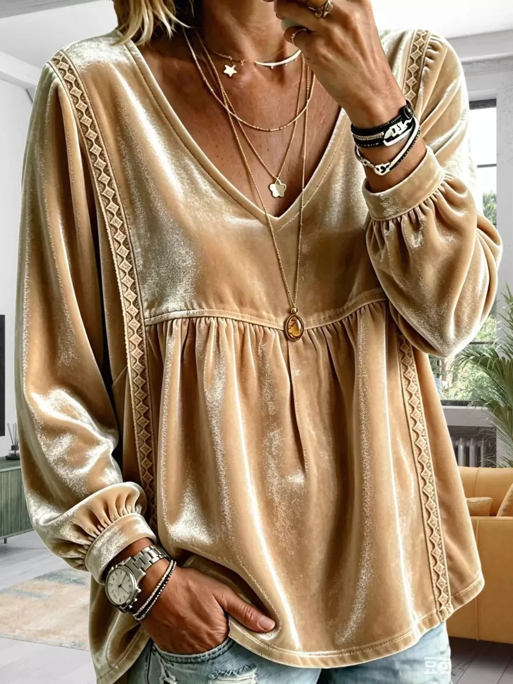 Full Size Velvet Lace Detail V-Neck Blouse Plus Size, image 8