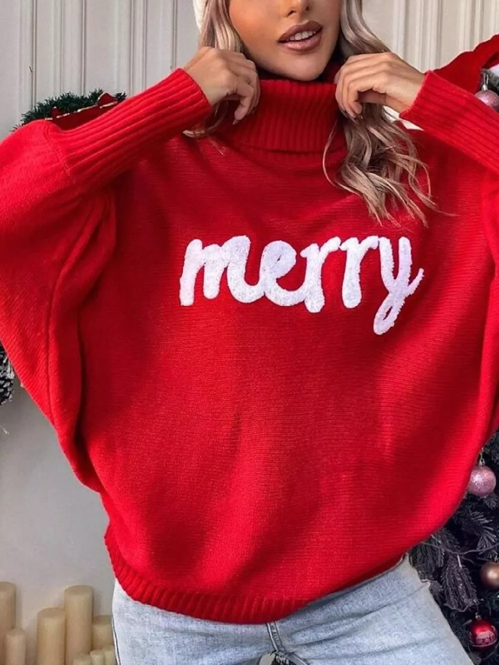 Merry Turtleneck Long Sleeve Christmas Sweater, image 7