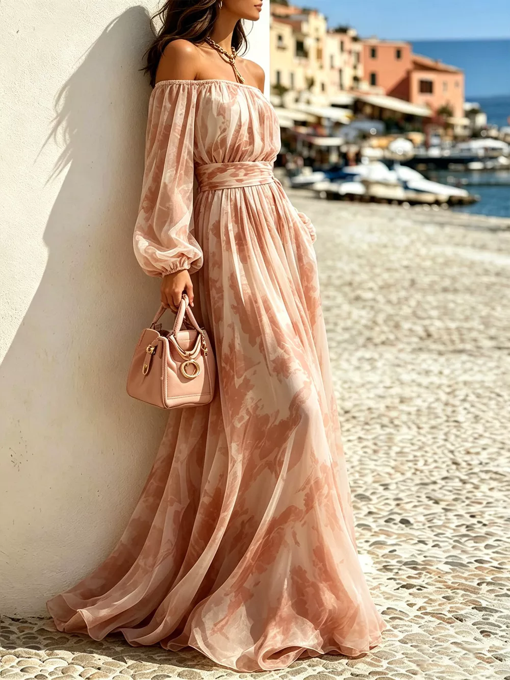 Off-Shoulder Balloon Sleeves Maxi Dress, image 3