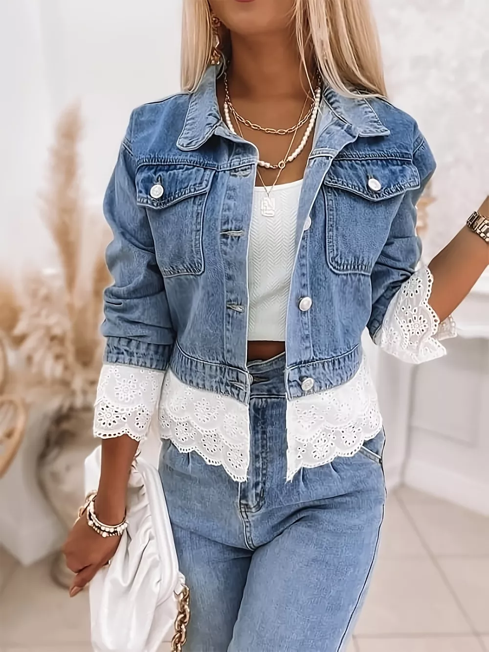 Cropped Denim Jacket with Lace Trim, image 4