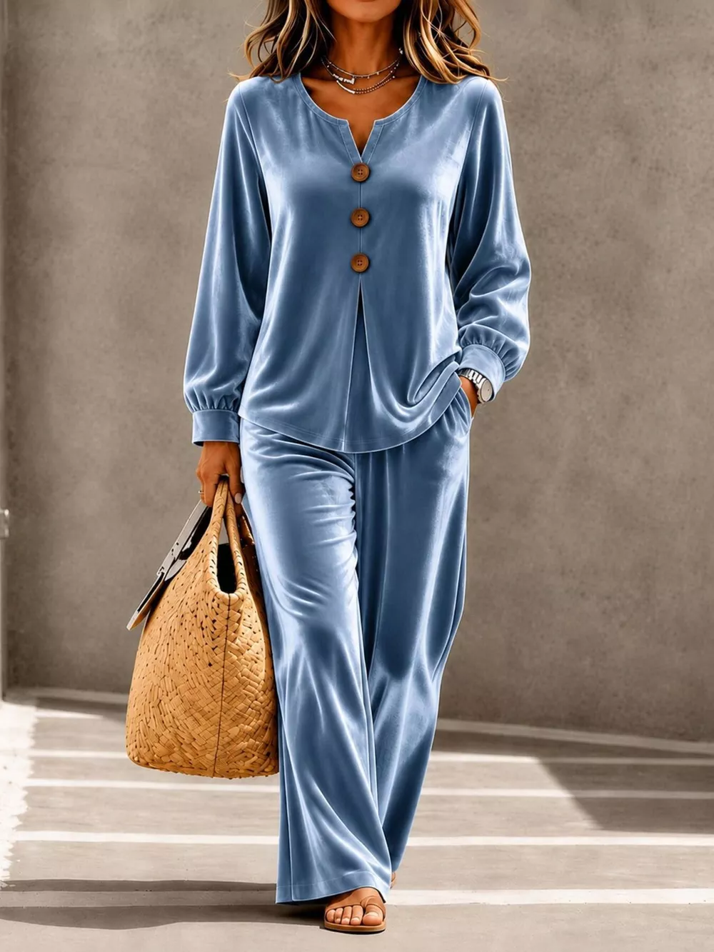 Elegant Velvet Decor-Button Top and Pants Set, image 3
