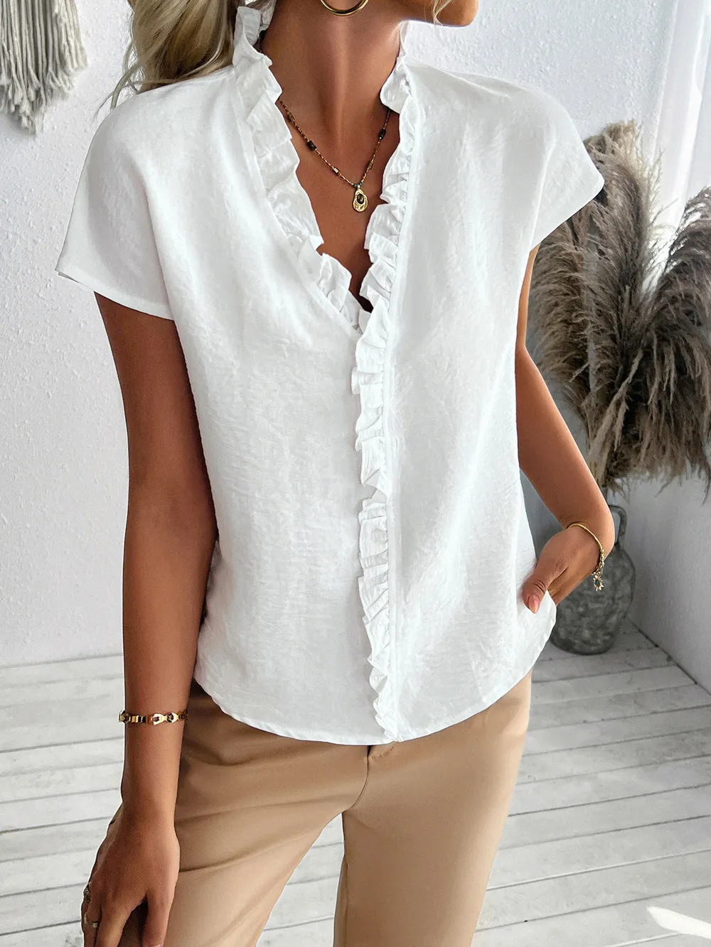 Ruffled V-Neck Short Sleeve Blouse, image 4