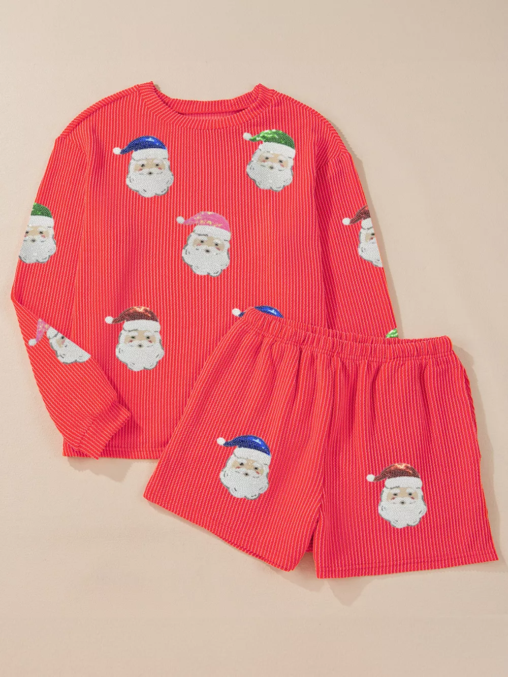 Twisted Ribbed Christmas Sequin Patched Top and Shorts Set, image 3