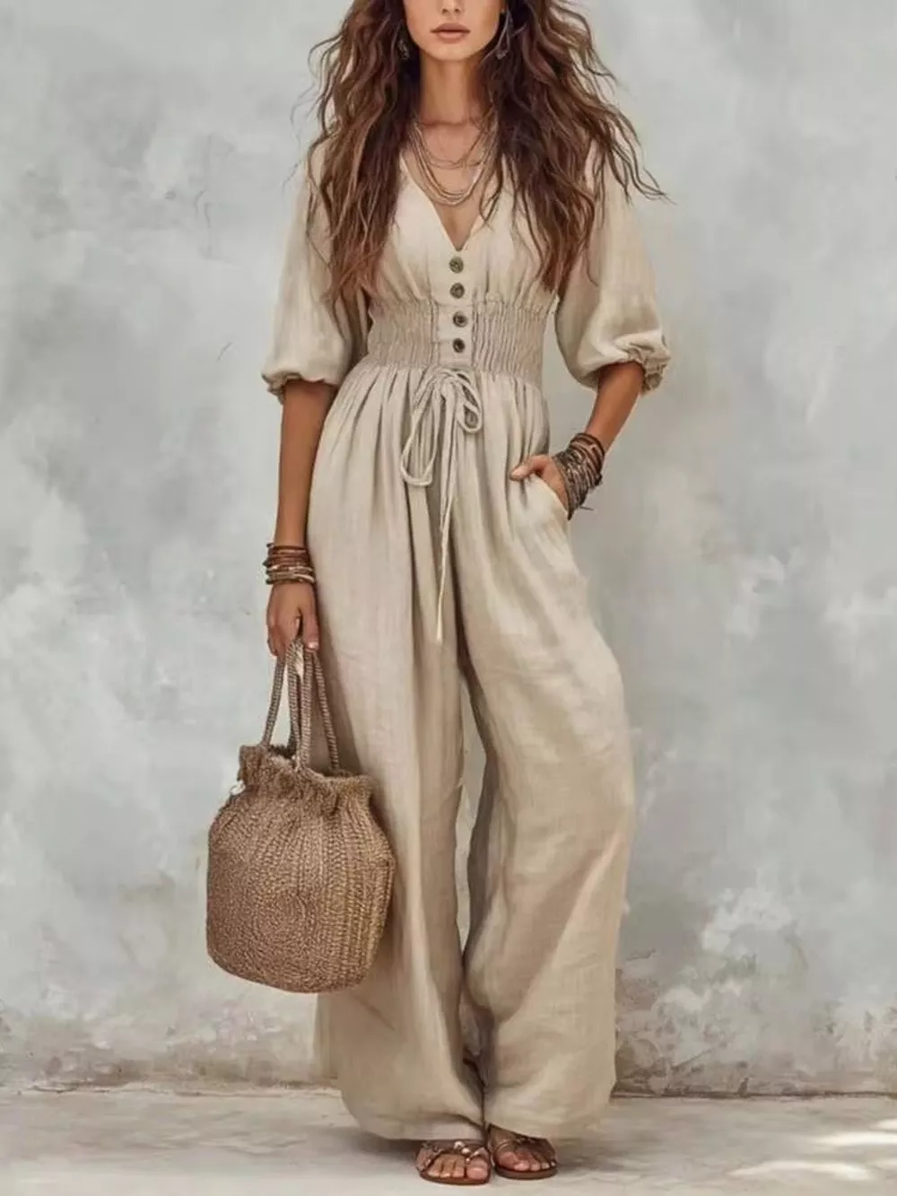 V-Neck Smocked Waist Wide-Leg Jumpsuit