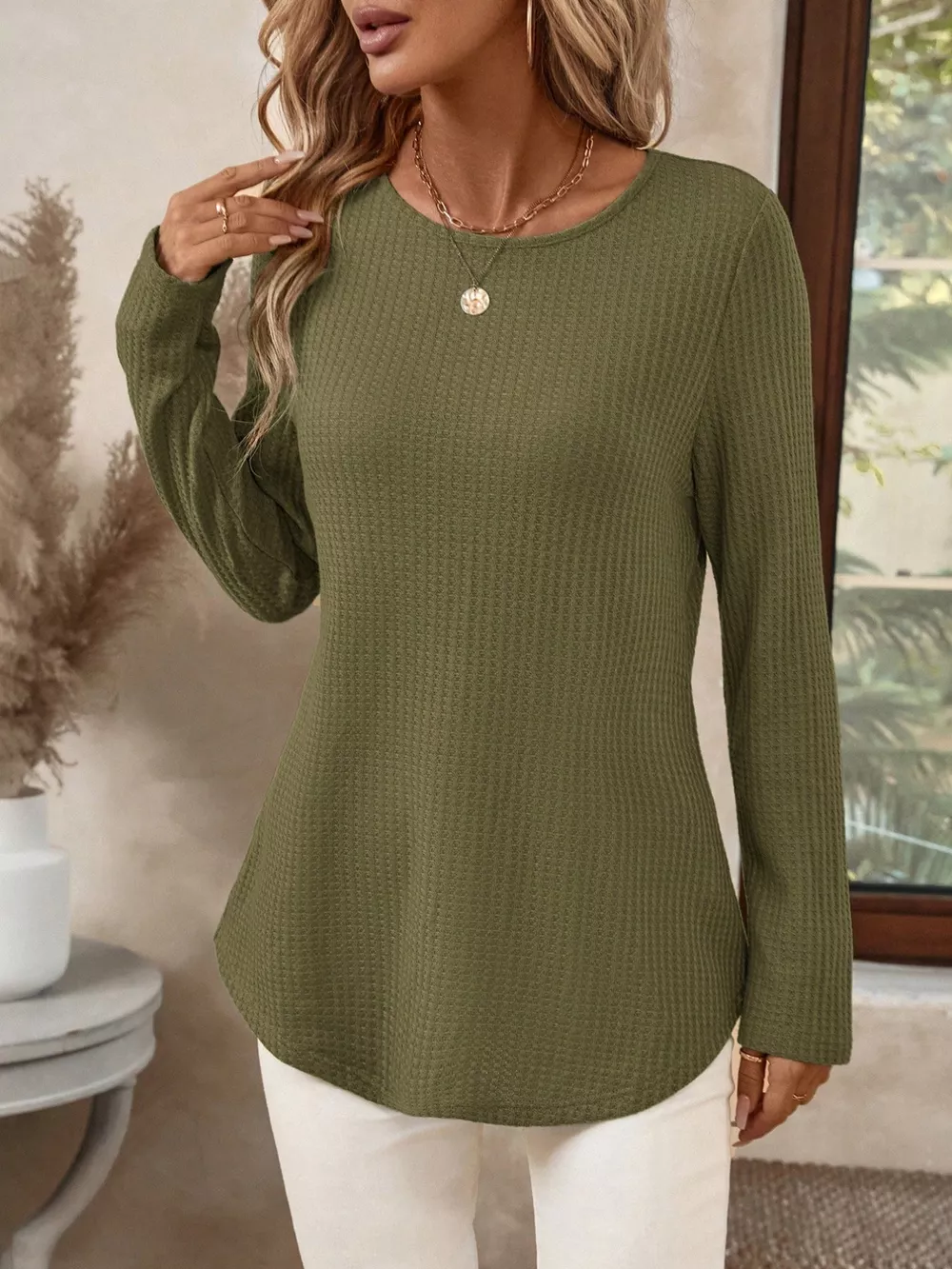 Plus Size Casual Waffle Knit Long Sleeve T-Shirt