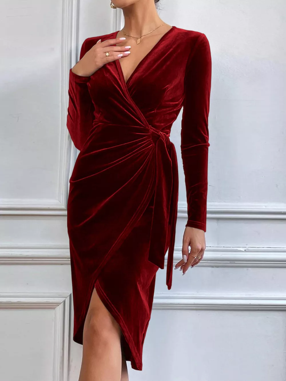 Velvet Wrap Long Sleeve Midi Dress, image 8