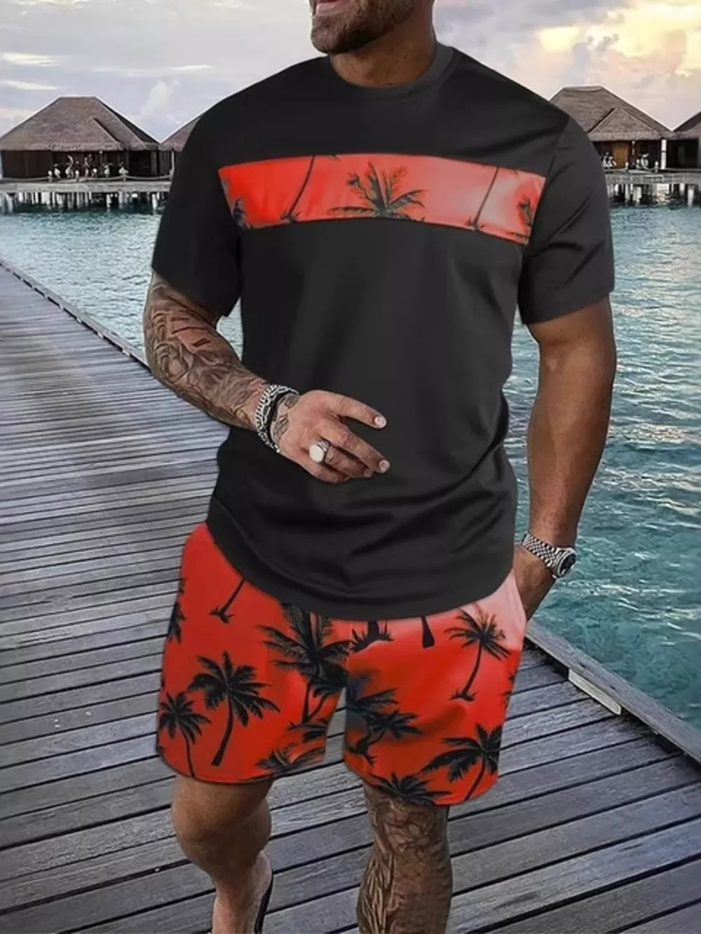 Men's Full Size Tropical Palm Tree Tee and Shorts Set Plus Size, image 6