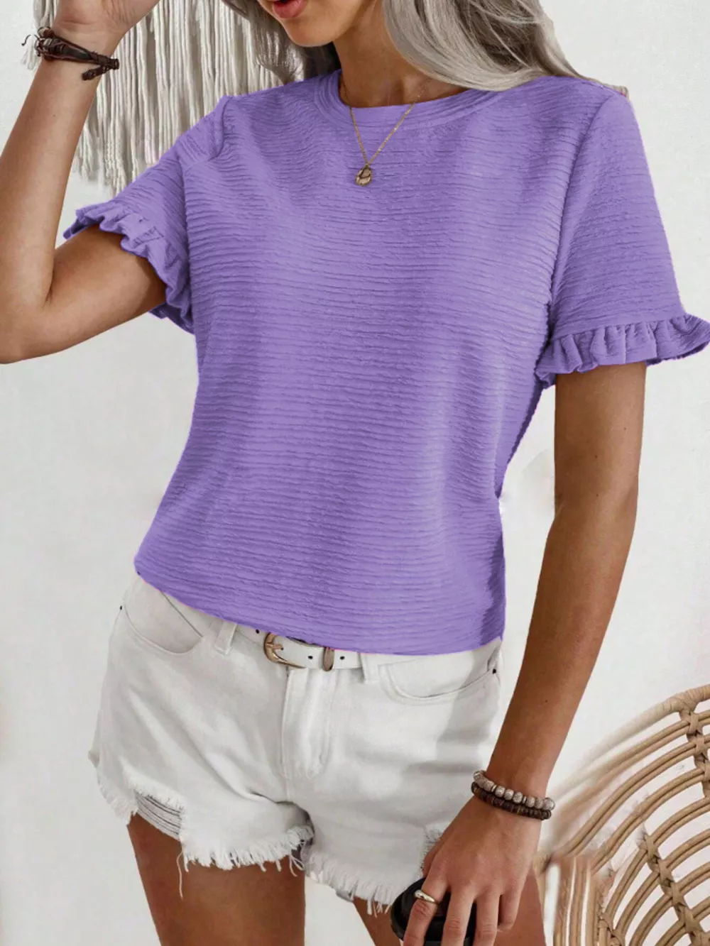 Textured Ruffle Sleeve Round Neck T-Shirt, image 7