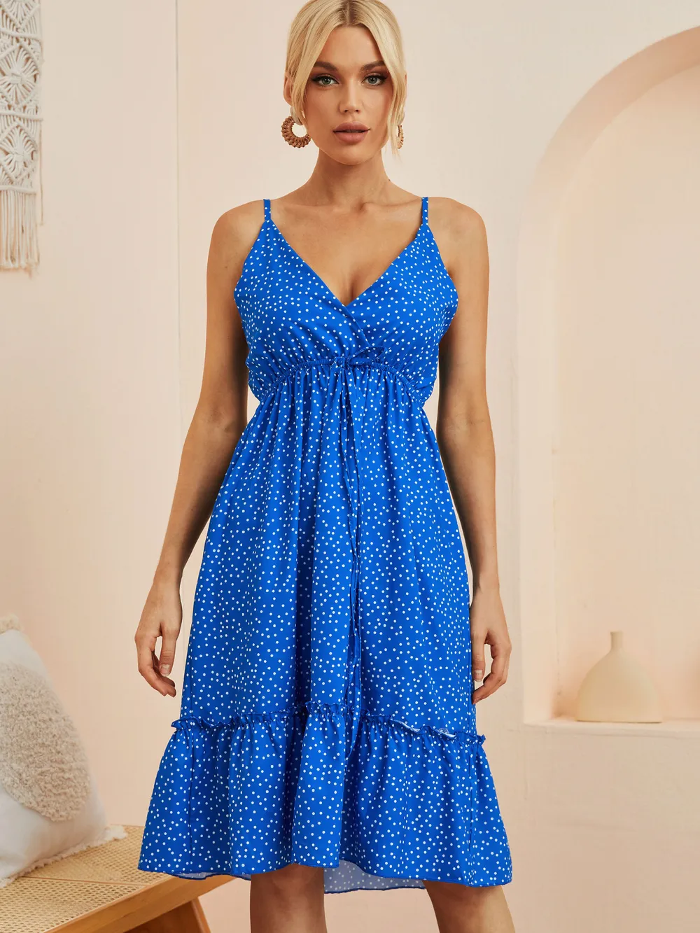 Polka Dot Ruffle Hem Mini Cami Dress