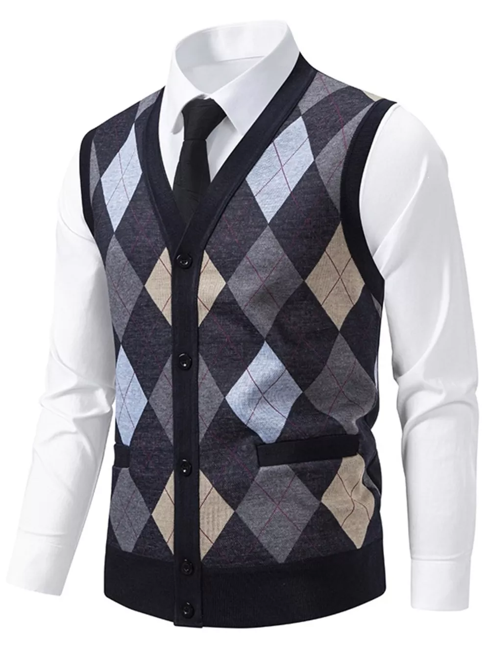 Men's Plus Size Argyle Pattern V-Neck Button-Down Cardigan Vest