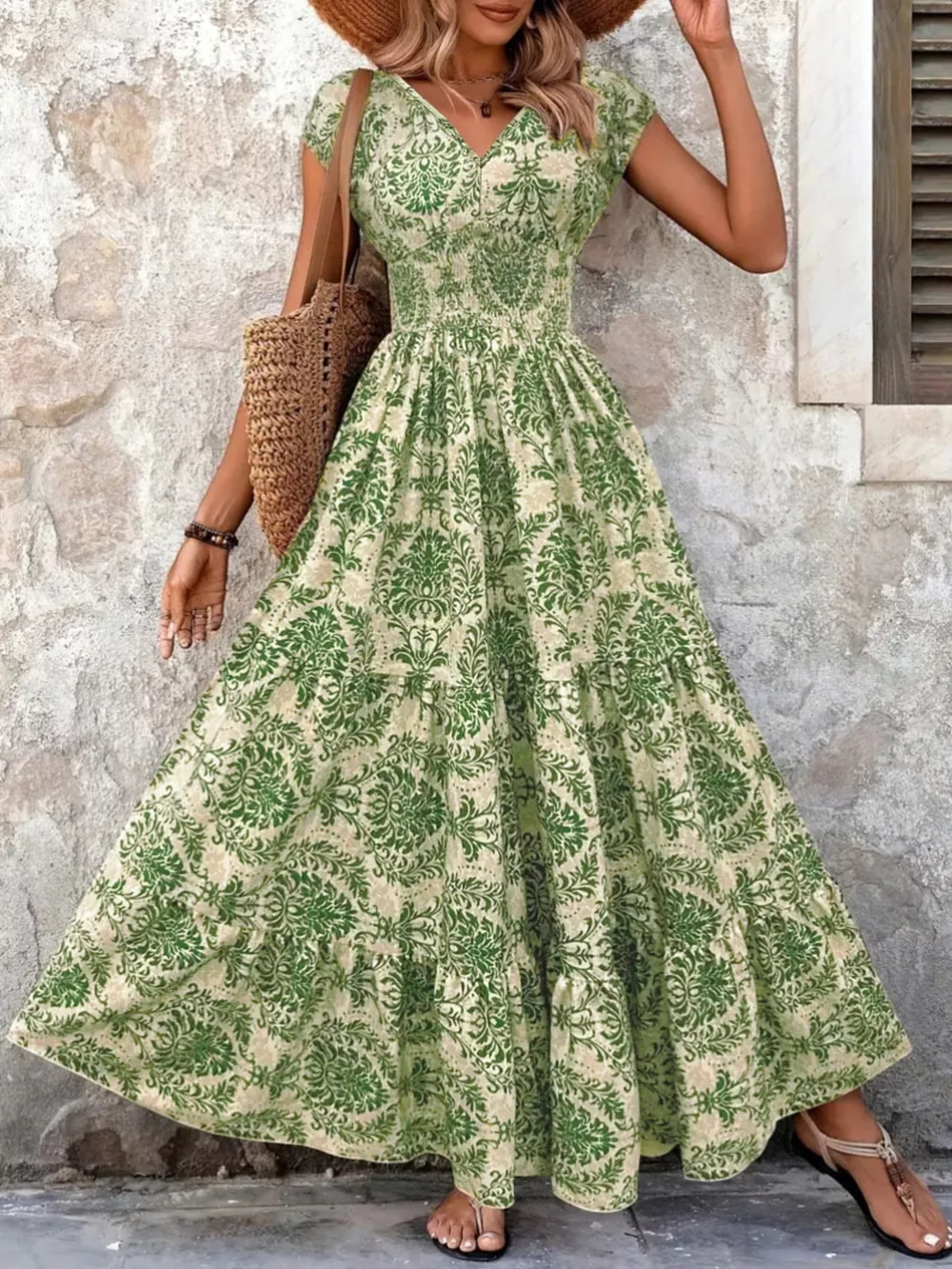 Full Size Printed V-Neck Tiered Maxi Dress Plus Size, image 2