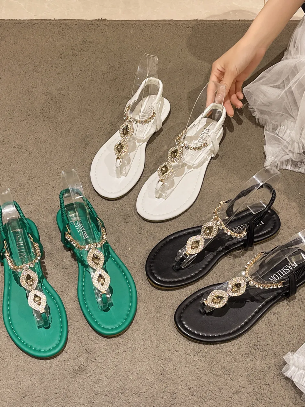 Rhinestone T-Strap Flat Sandals, image 2