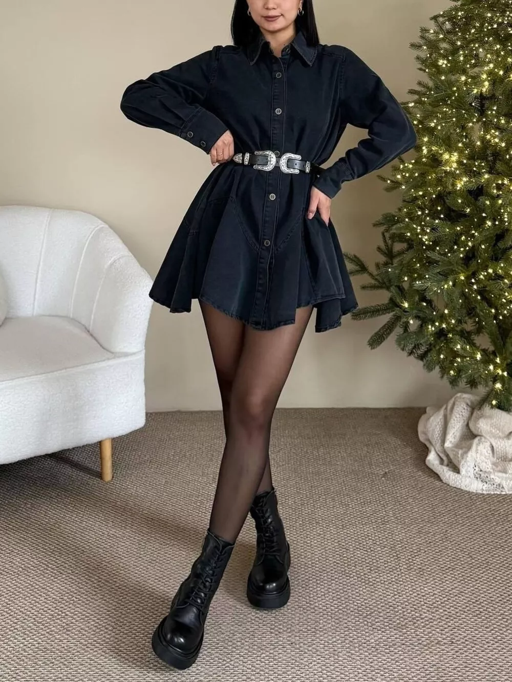 Vintage Washed Long Sleeve Denim Shirt Mini Dress, image 6