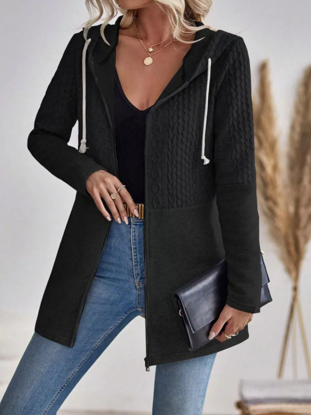 Drawstring Textured Zip Up Drawstring Hooded Jacket