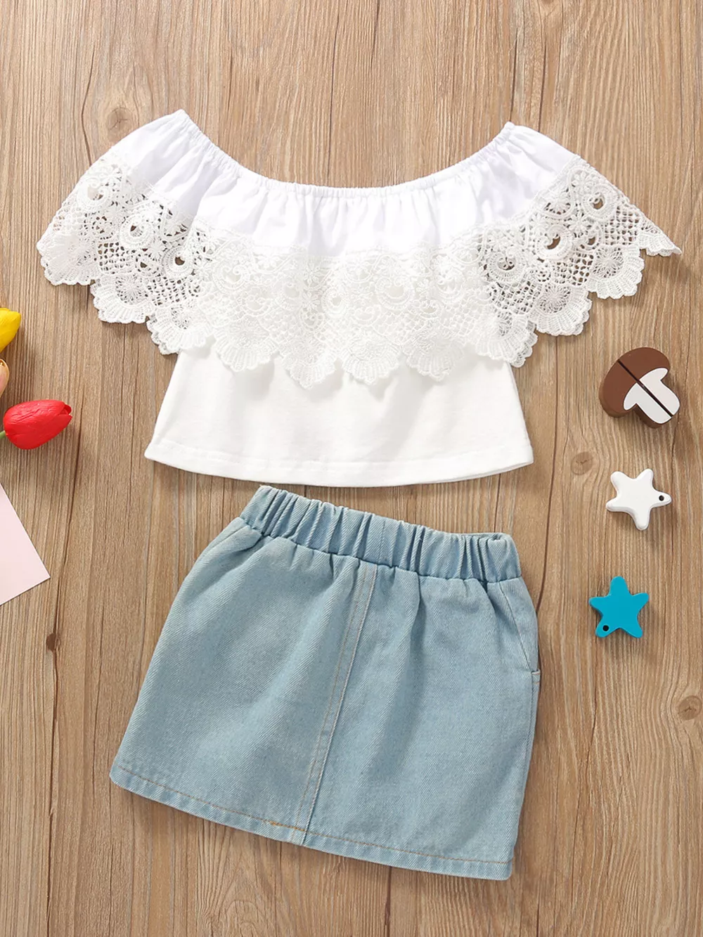 Children's Off-Shoulder Lace Top and Denim Skirt Set, image 12