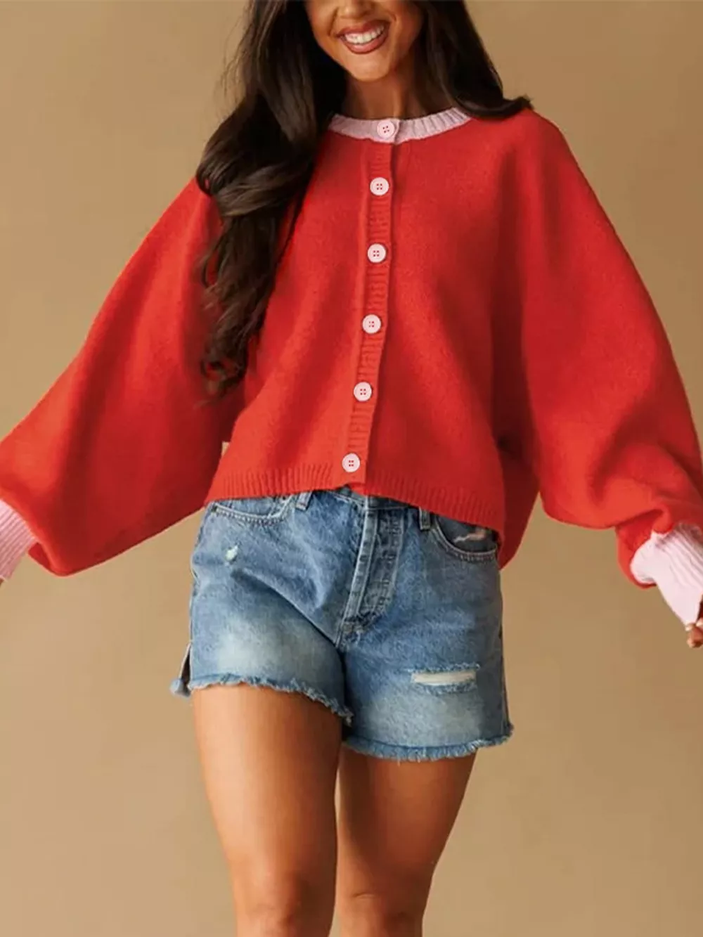 Button-Front Knit Cardigan with Contrast Trim, image 5