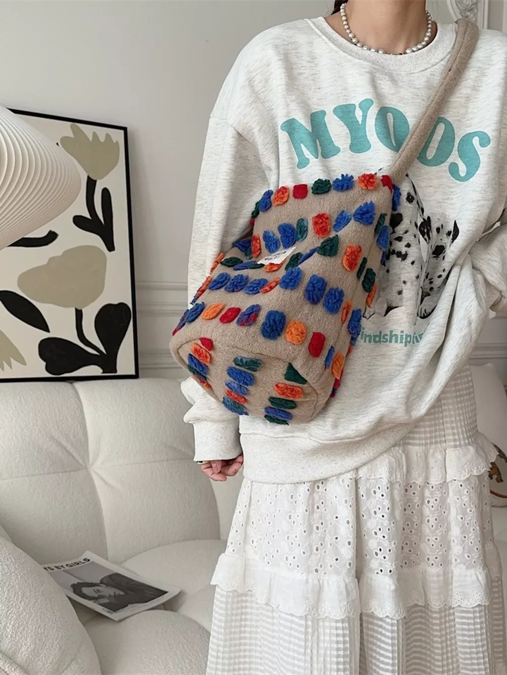 Colorful Pom-Pom Plush Crossbody Bag, image 2
