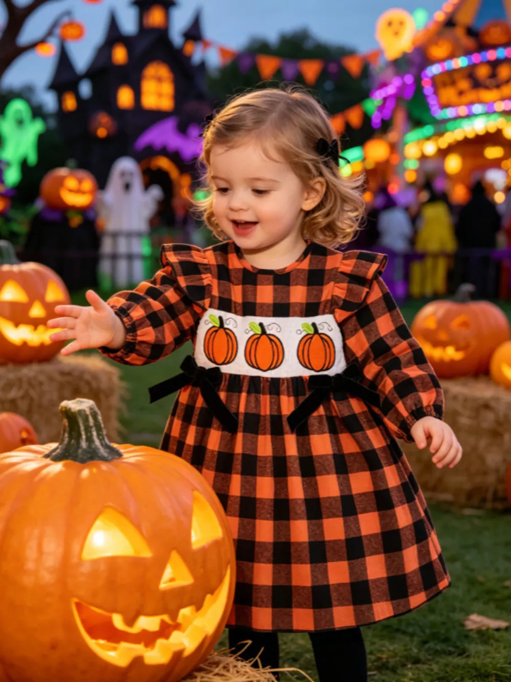 Children's Halloween Plaid Pumpkin Smocked Dress