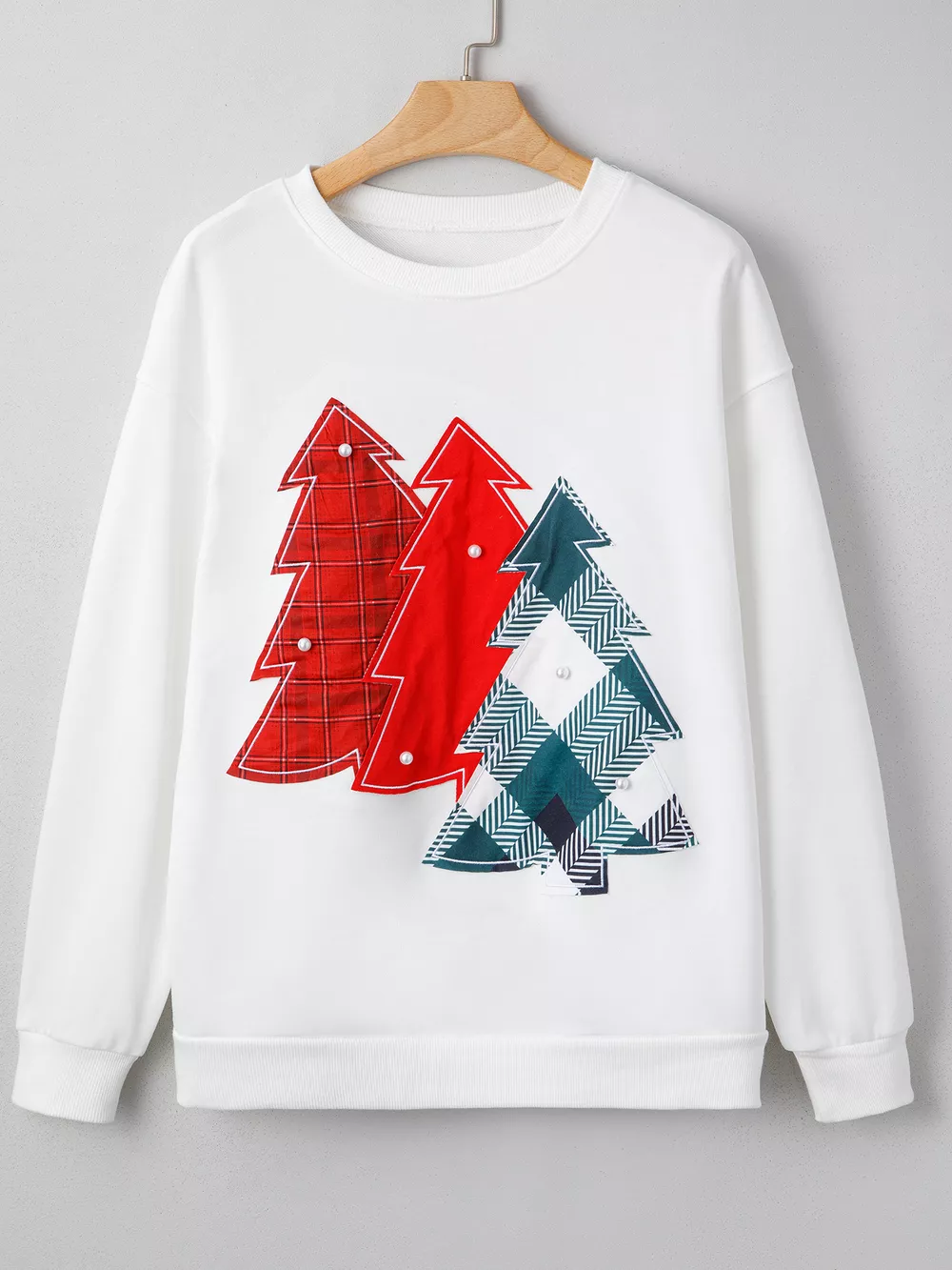 Pearl Plaid Christmas Tree Patched Drop Shoulder Sweatshirt, image 6