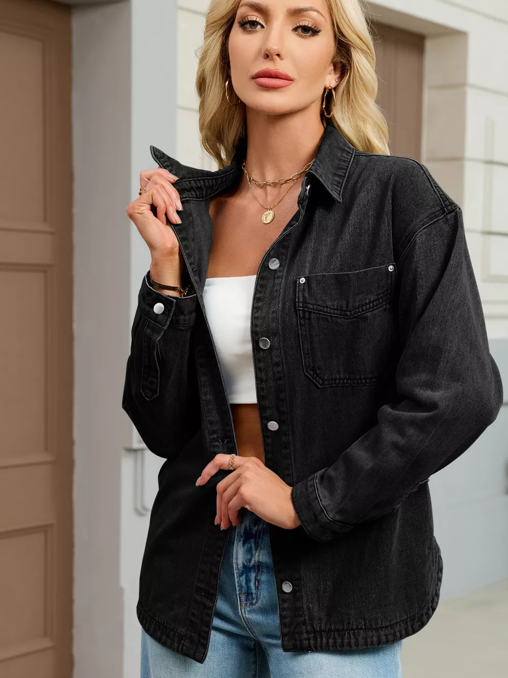 Button Up Dropped Shoulder Denim Jacket, image 6