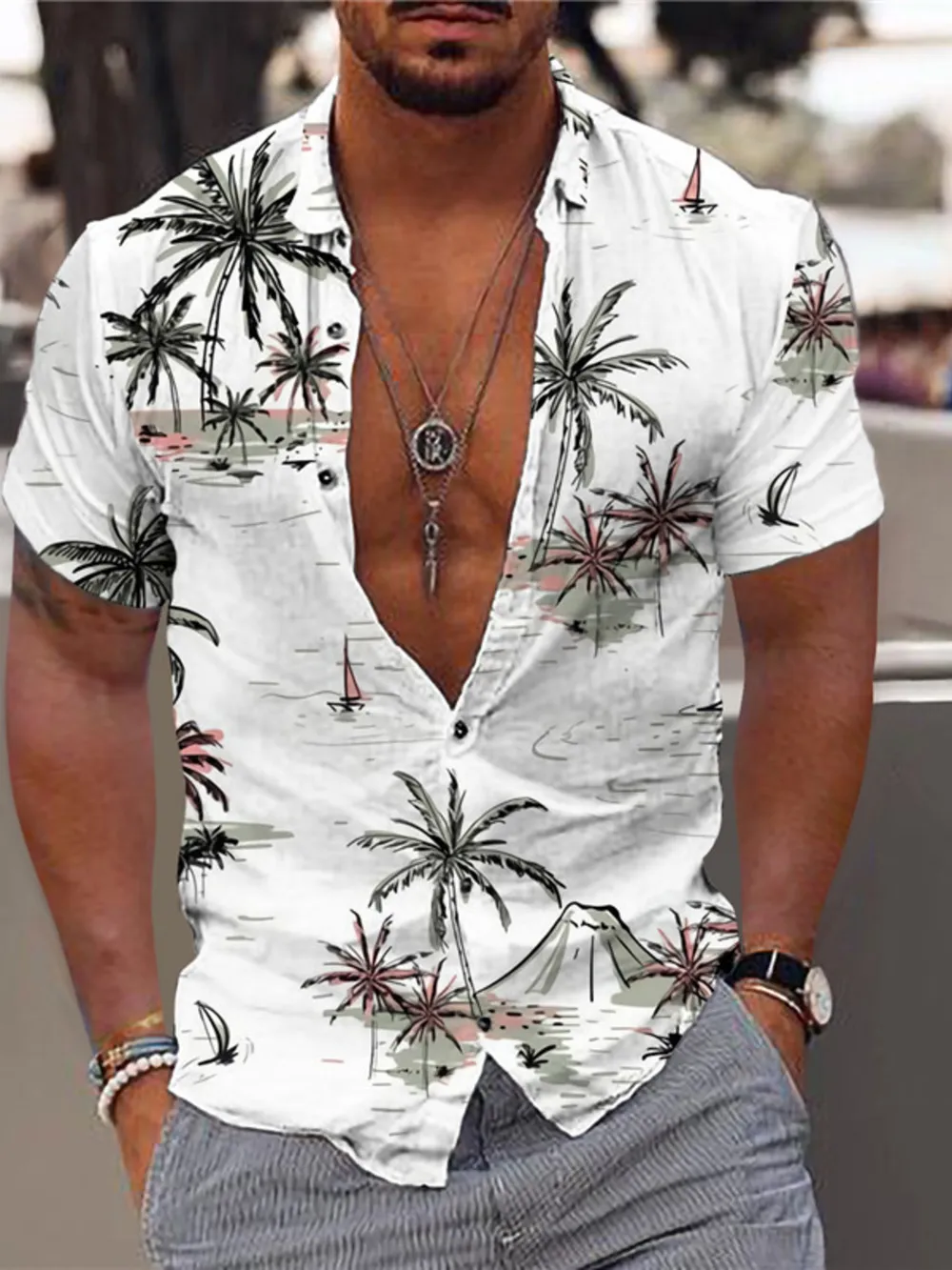 Men's Full Size Tropical Print Short Sleeve Button-Down Shirt Plus Size, image 2