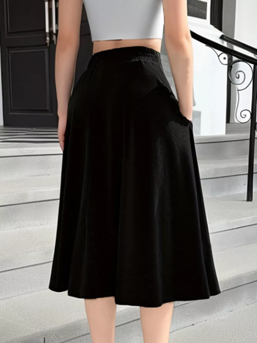 Elastic Waist A-Line Skirt with Pockets, image 6