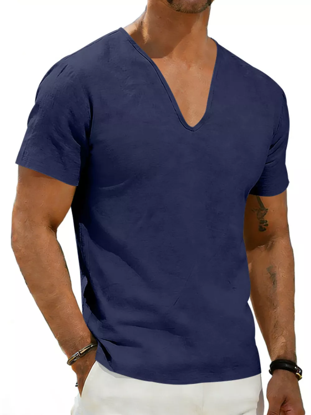 Men's Full Size Casual V-Neck Linen T-Shirt Plus Size, image 16