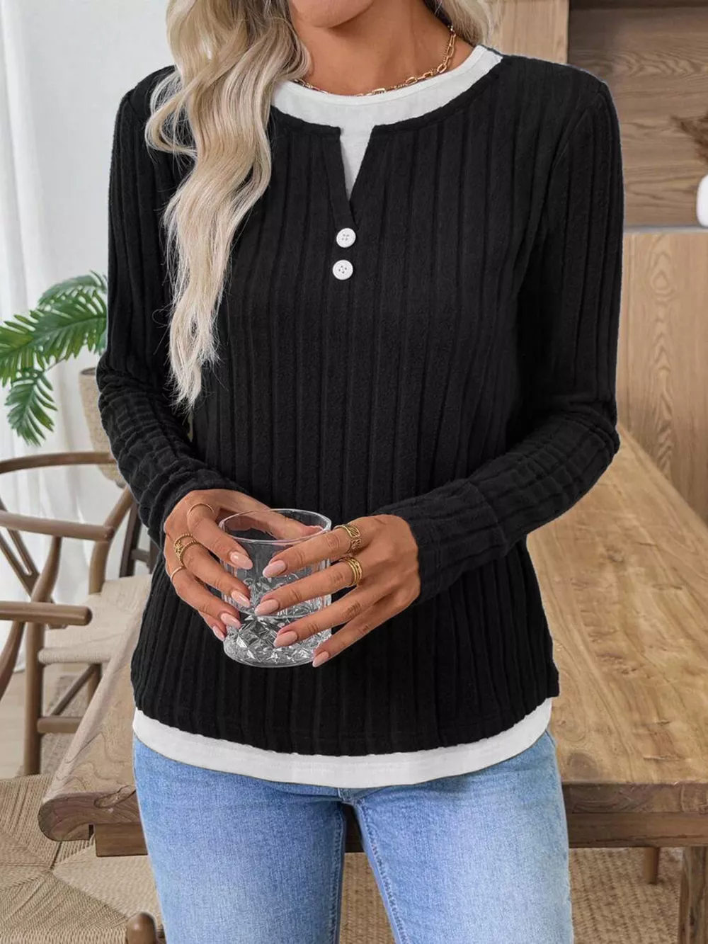 Ribbed Knit Button Detail Contrast Sweater, image 21